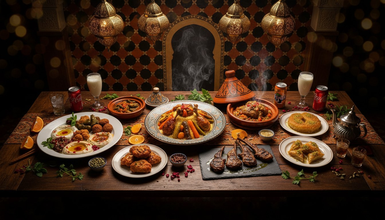 A table laid with mezze, tajine, couscous and sweets at Oasis Lounge
